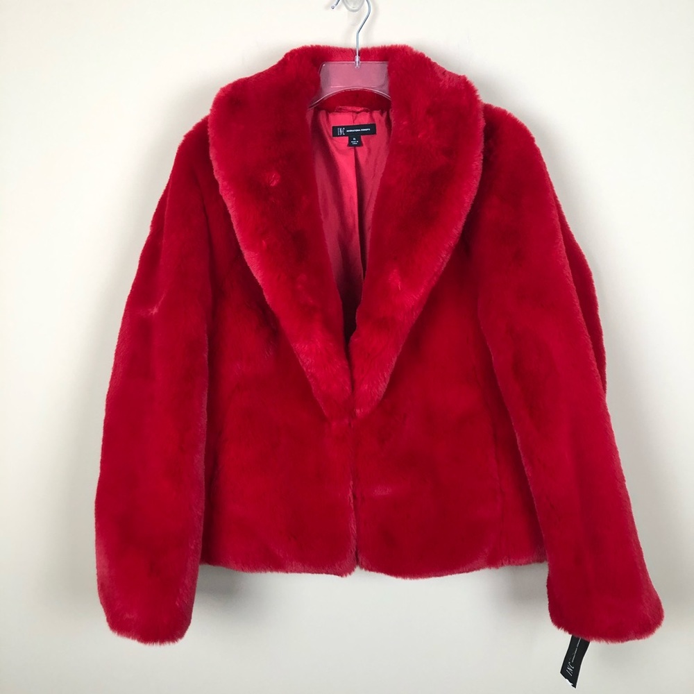 I.N.C. Cozy Red Shawl Collar Faux Fur Coat - Picture 4 of 7